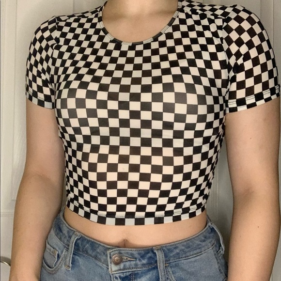 Black and white H&M Mesh Checkered Print Crop Top - Picture 3 of 5
